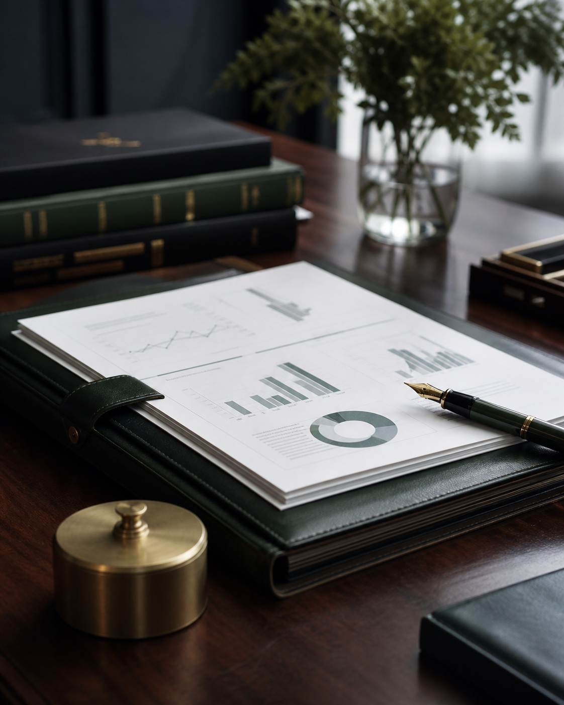 Private desk with investor documents and trading review notes