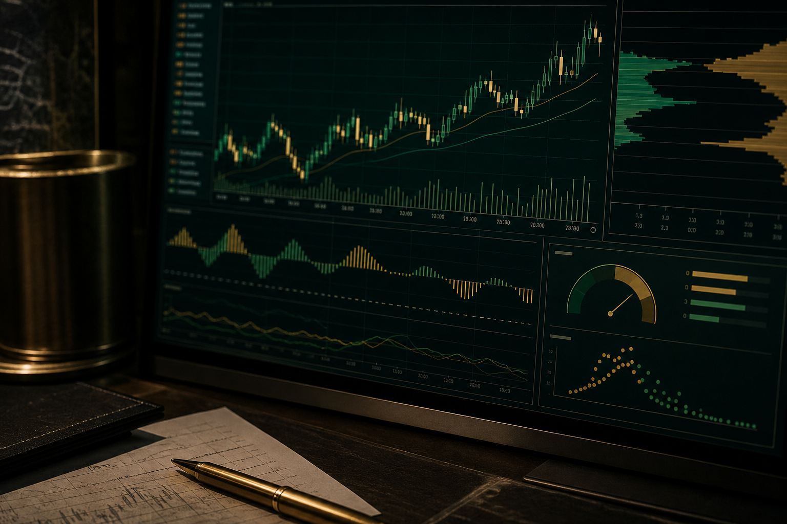 Forex execution dashboard showing candlesticks, liquidity, and cost review panels