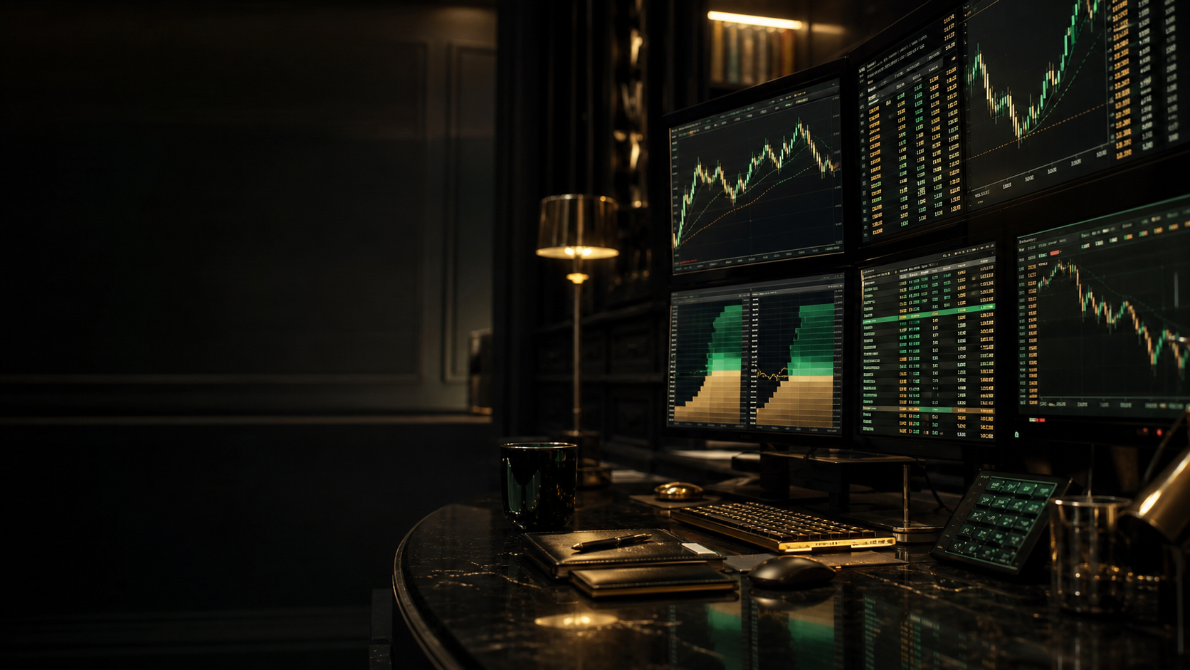 Forex trading desk with candlestick charts, liquidity screens, and market monitors